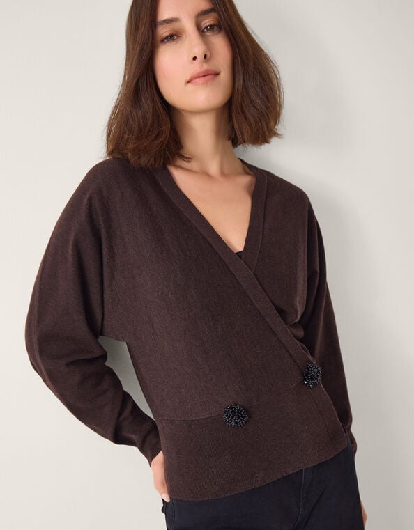 Thea Embellished Wrap Sweater, Brown (CHOCOLATE), large