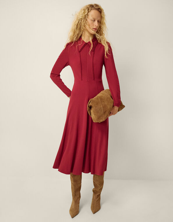 Zoe Pointed Collar Jersey Midi Dress, Red (BURGUNDY), large