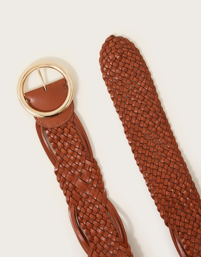 Woven Circular Leather Buckle Belt, Tan (TAN), large
