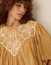 Delta Embroidered Bubble Hem Top, Camel (CAMEL), large
