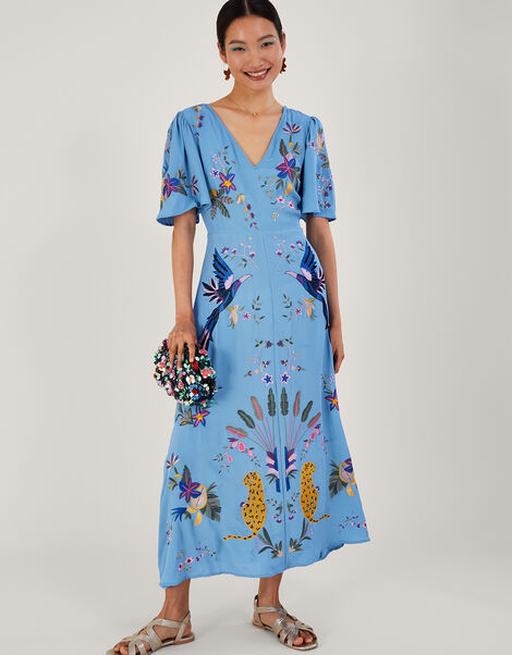Audra Embroidered Tea Dress in Recycled Polyester , Blue (BLUE), large