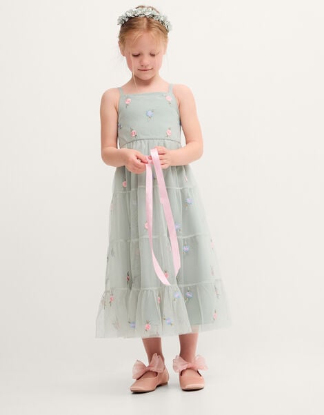 Luna Floral Embroidered Mesh Party Dress, Green (SAGE), large