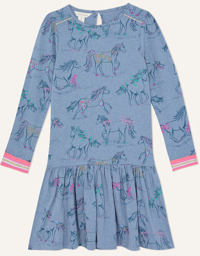 Galloping Horses Jersey Dress, Blue (BLUE), large