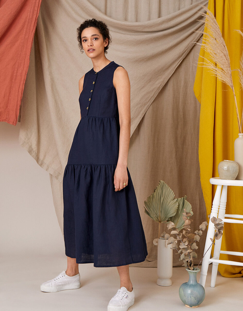 Tiered Midi Dress in Pure Linen Blue Day Dresses Monsoon Global.