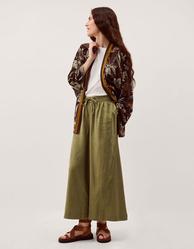 Maisie Linen Blend Cropped Wide Leg Trousers, Green (KHAKI), large
