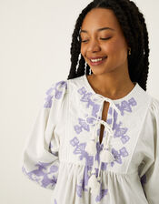 Premium Embroidered Smock Dress with Sustainable Cotton, White (WHITE), large