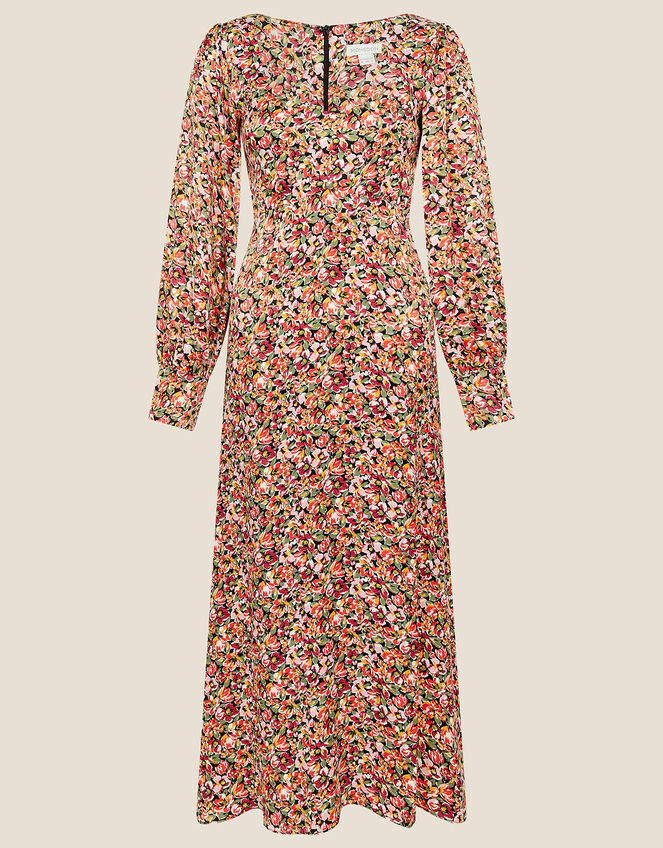 Frida Floral Satin Tea Dress, Black (BLACK), large