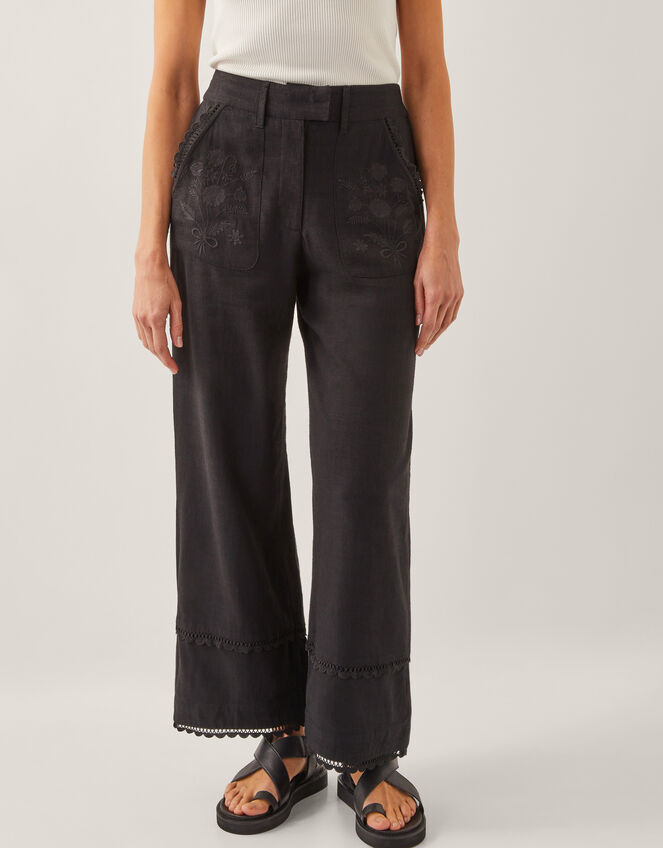 Hayley Embroidered Linen Blend Pants, Black (BLACK), large