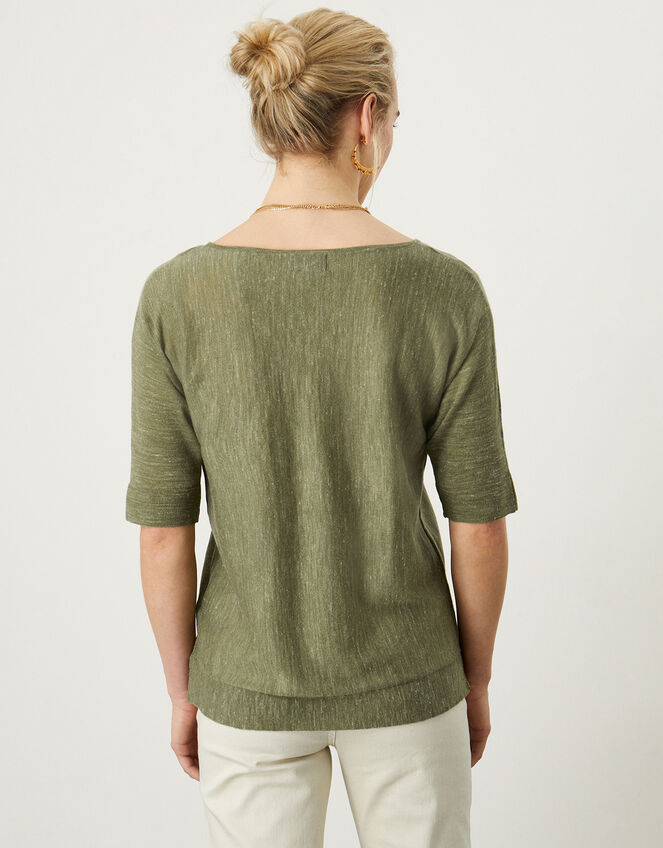 V-Neck T-Shirt Jumper in Linen Blend, Green (KHAKI), large