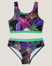 Tropical Print Bralette Bikini Set, Black (BLACK), large