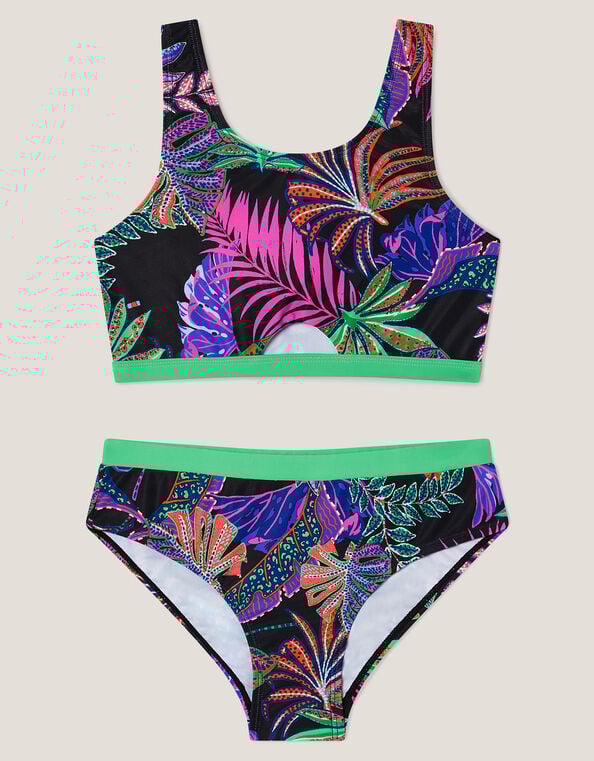 Tropical Print Bralette Bikini Set, Black (BLACK), large