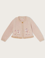Baby Reindeer Embroidered Cardigan, Camel (OATMEAL), large