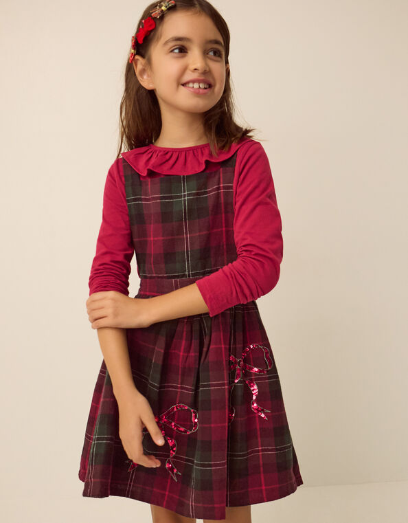 Frill Top & Tartan Pinafore Dress Set, Red (BURGUNDY), large