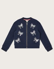 Embellished Sequin Bow Bomber Jacket, Blue (NAVY), large