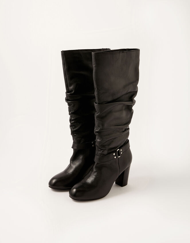 Belle Buckle Slouch Leather Boots, Black (BLACK), large