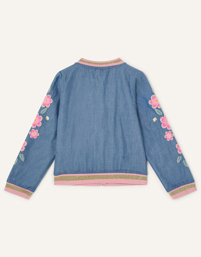 Floral Embroidered Chambray Bomber Jacket, Blue (BLUE), large