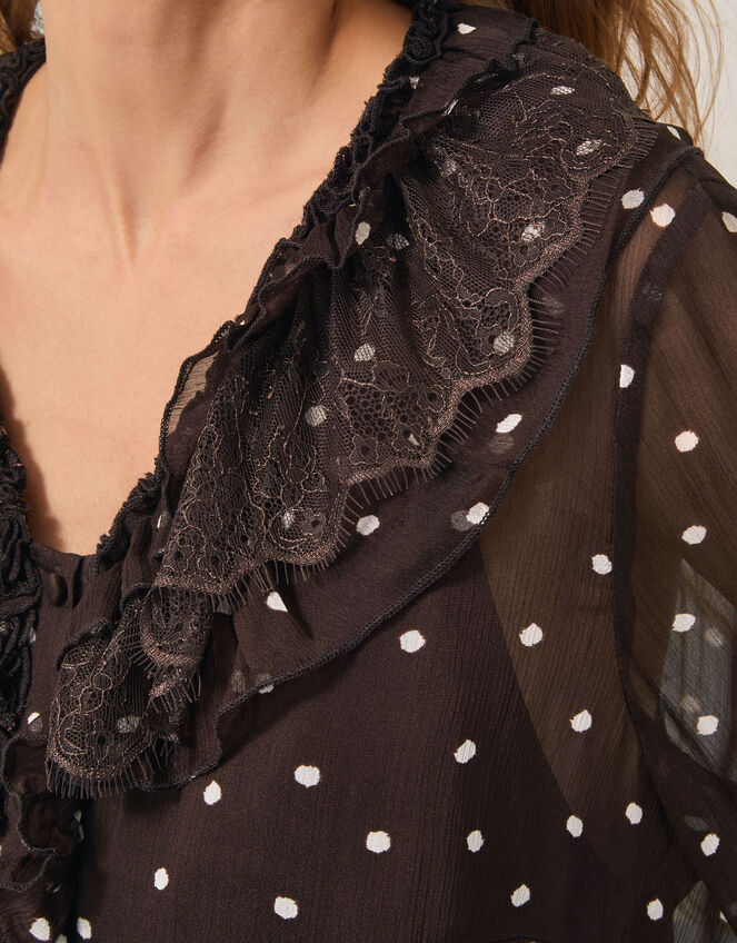 Mackie Sheer Polka Dot Ruffle Blouse, Brown (CHOCOLATE), large