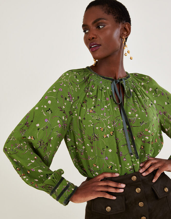 Ditsy Print Sequin Top in LENZING™ ECOVERO™ Green