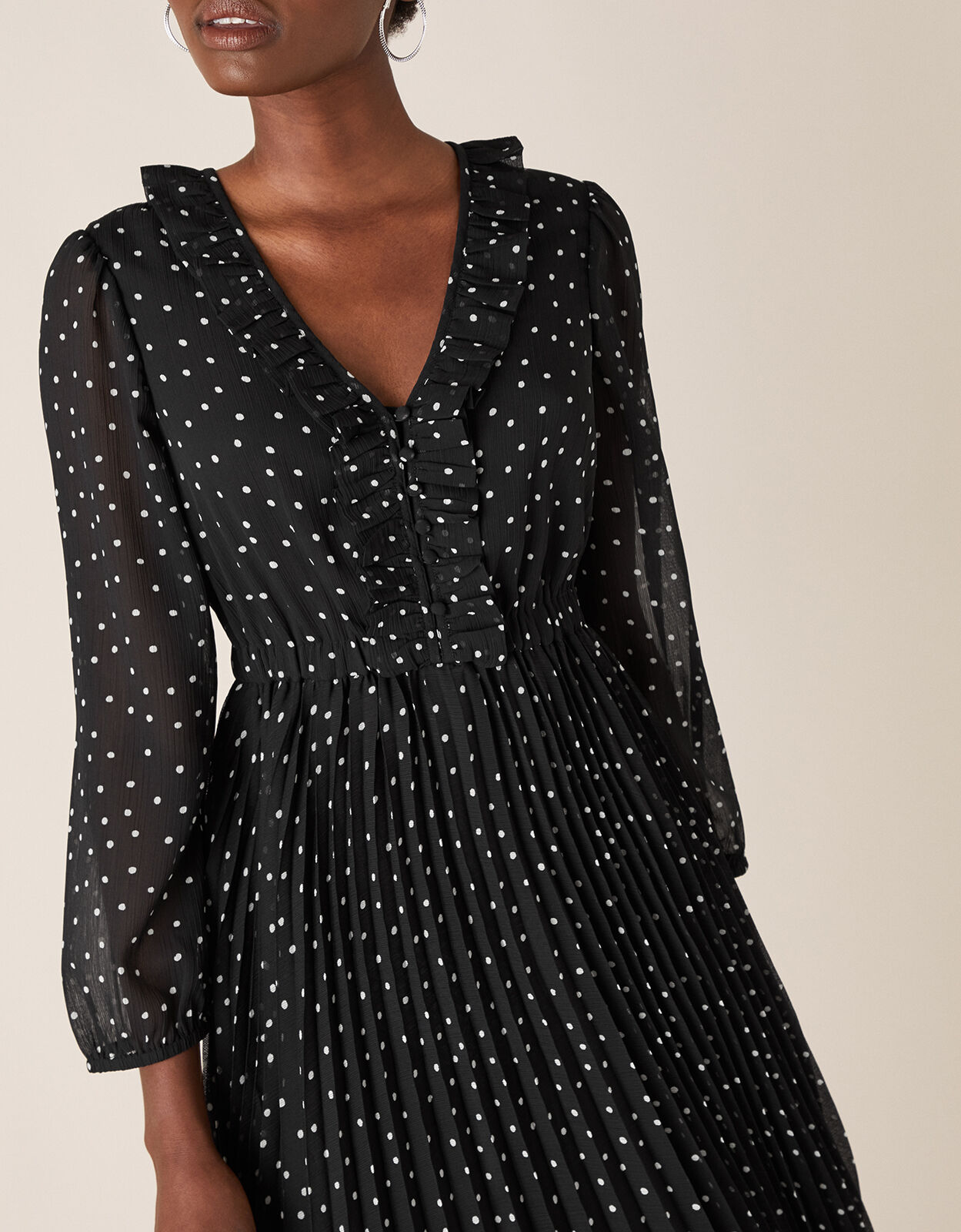 Spot Print Pleated Hanky Hem Dress Black