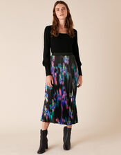 Blur Print Pleated Satin Midi Skirt, Black (BLACK), large