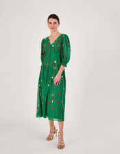 Simone Button Through Embroidered Dress in Recycled Polyester, Green (GREEN), large
