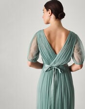 Ellie Sheer Sleeve Plunge Tulle Maxi Dress, Green (SAGE), large
