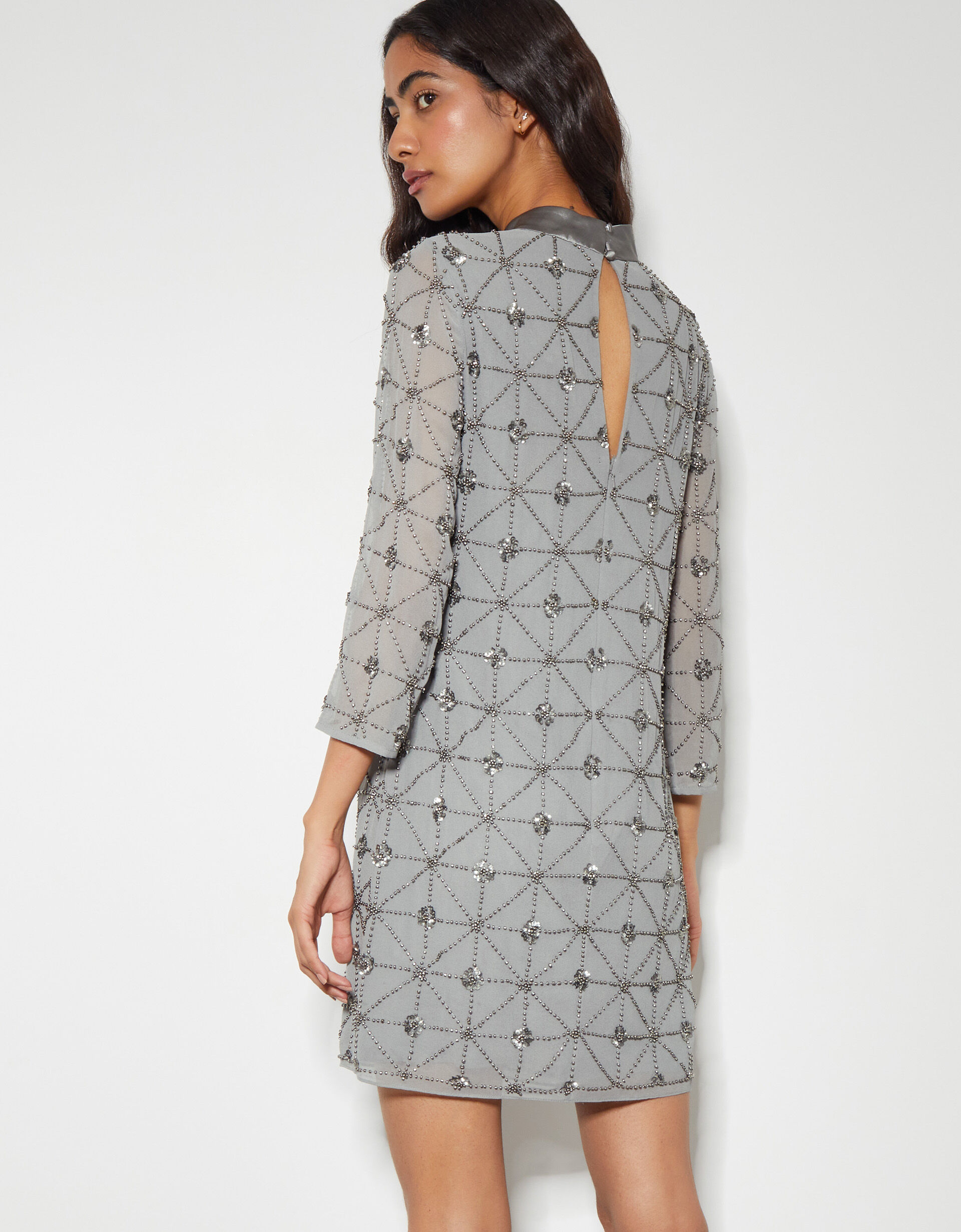 Adele Hand Beaded Long Sleeve Mini Dress Grey
