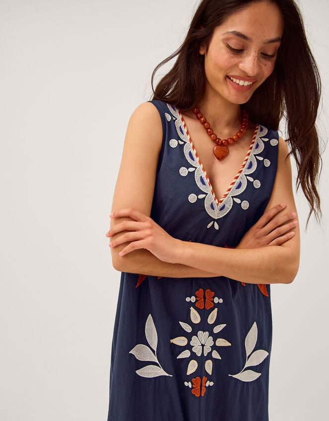 Eloise Tropical Embroidered Midi Dress, Blue (NAVY), large