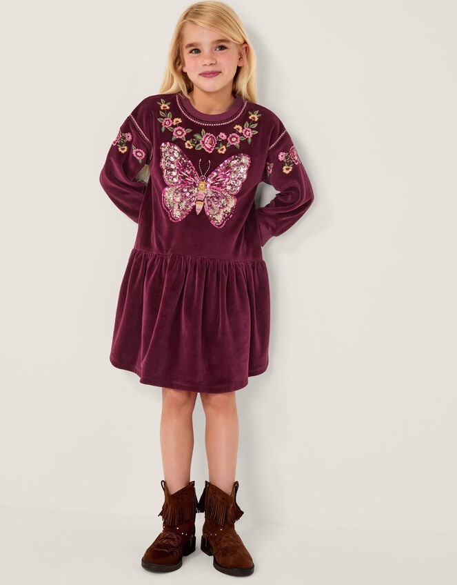 Butterfly Embellished Velour Dress, Red (BURGUNDY), large