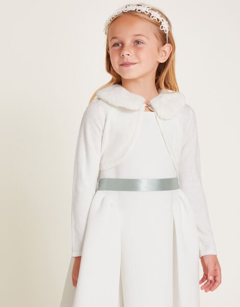 Super-Soft Faux Fur Collar Cardigan, Ivory (IVORY), large