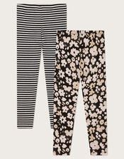 2-Pack Floral and Stripe Leggings, Black (BLACK), large