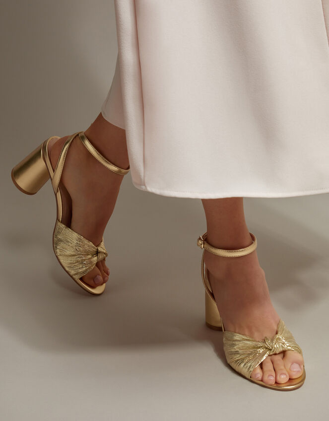Metallic Twist Front Heeled Sandals, Gold (GOLD), large