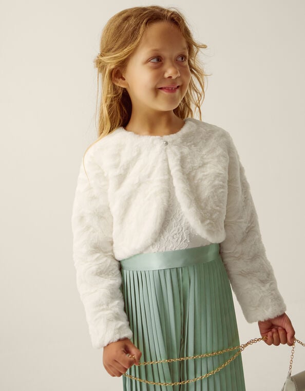 Rose Textured Faux Fur Cardigan, Ivory (IVORY), large