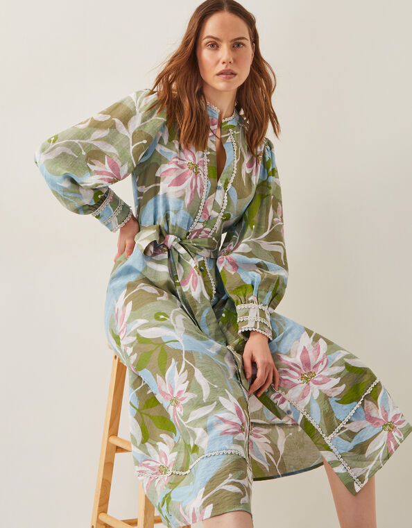 Piper Floral Print Midi Dress, Green (KHAKI), large