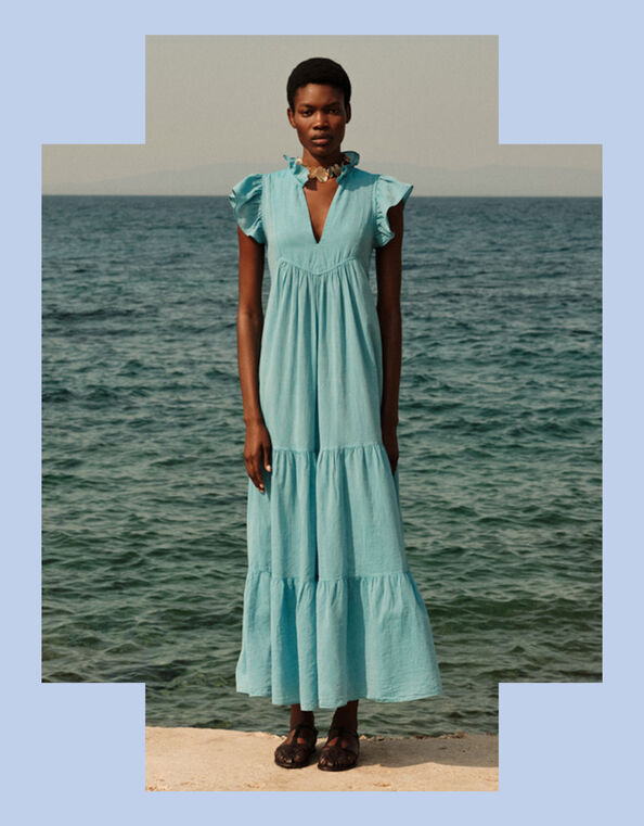 Devotion Twins Lunaire Frill Tiered Maxi Dress, Blue (TURQUOISE), large