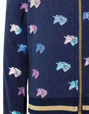 Rainbow Foil Unicorn Bomber Jacket, Blue (NAVY), large