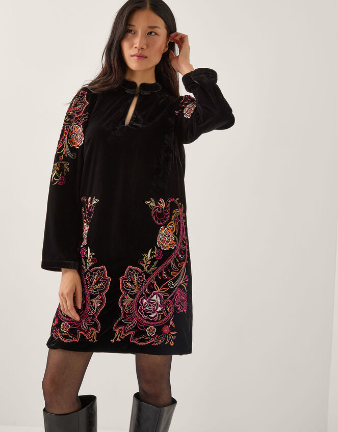 Faye Floral Velvet Mini Tunic Dress, Black (BLACK), large
