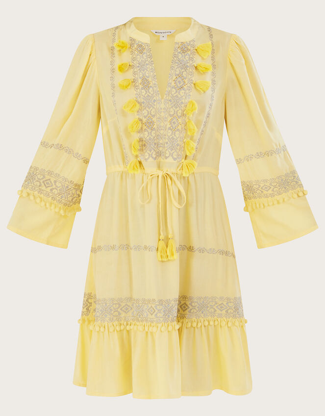 Embroidered Pom-Pom Kaftan Dress, Yellow (YELLOW), large