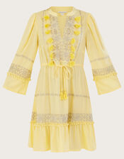 Embroidered Pom-Pom Kaftan Dress in LENZING™ ECOVERO™ , Yellow (YELLOW), large