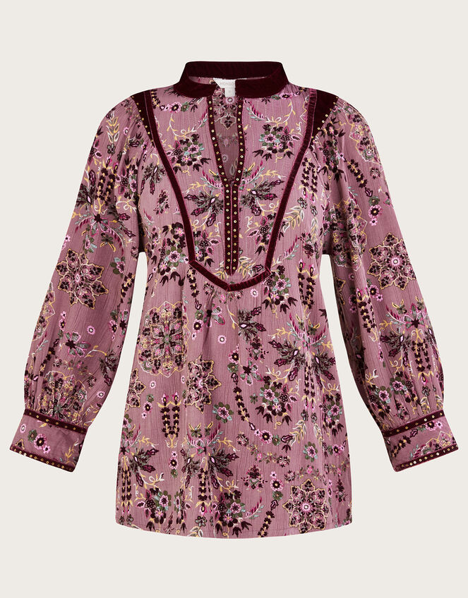 Overhead Heritage Print and Velvet Trim Blouse, Pink (ROSE), large