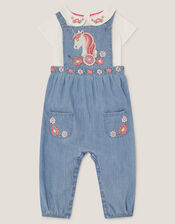 Baby T-Shirt & Unicorn Chambray Dungarees Set, Blue (BLUE), large
