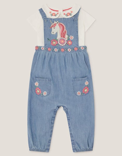 Baby T-Shirt & Unicorn Chambray Dungarees Set, Blue (BLUE), large