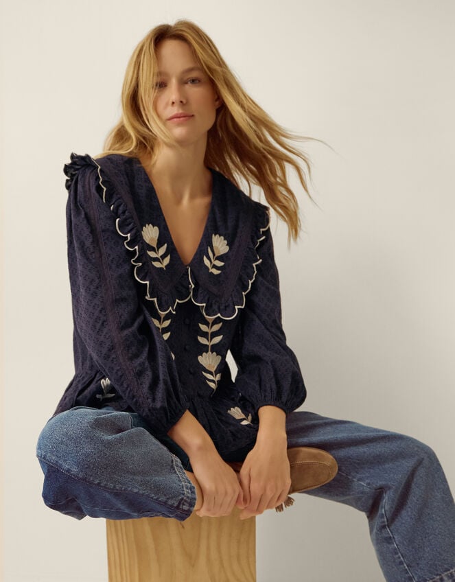 Talia Oversized Collar Tulip Top, Blue (NAVY), large