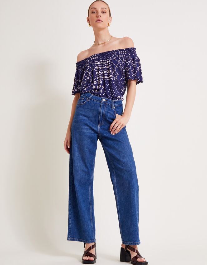 Cindy Print Bardot Top, Blue (BLUE), large