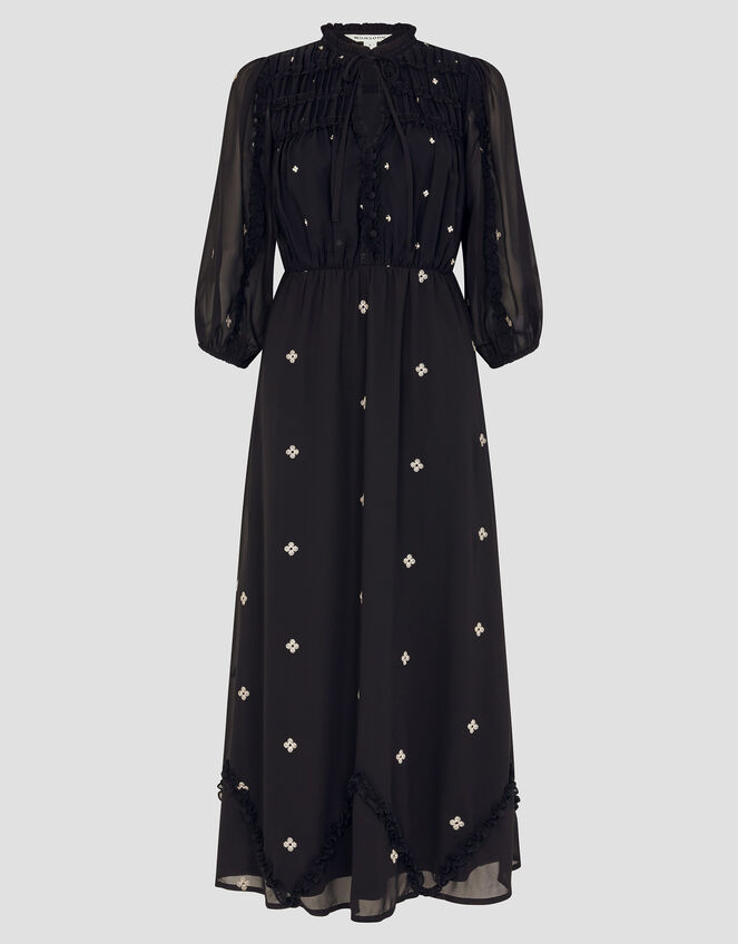 Delilah Sheer Sleeve Embroidered Midi Dress, Black (BLACK), large