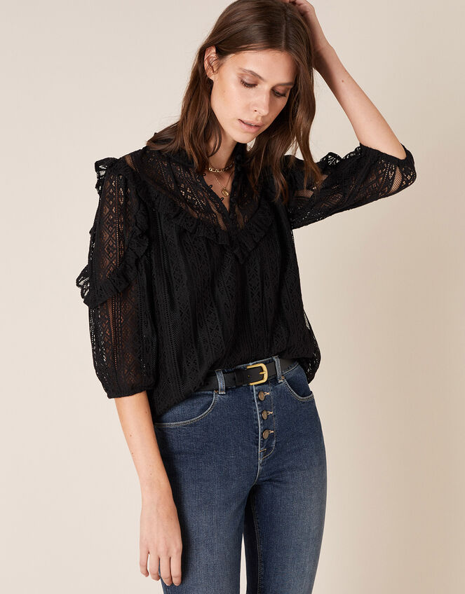 Lace Ruffle Trim Top, Black (BLACK), large