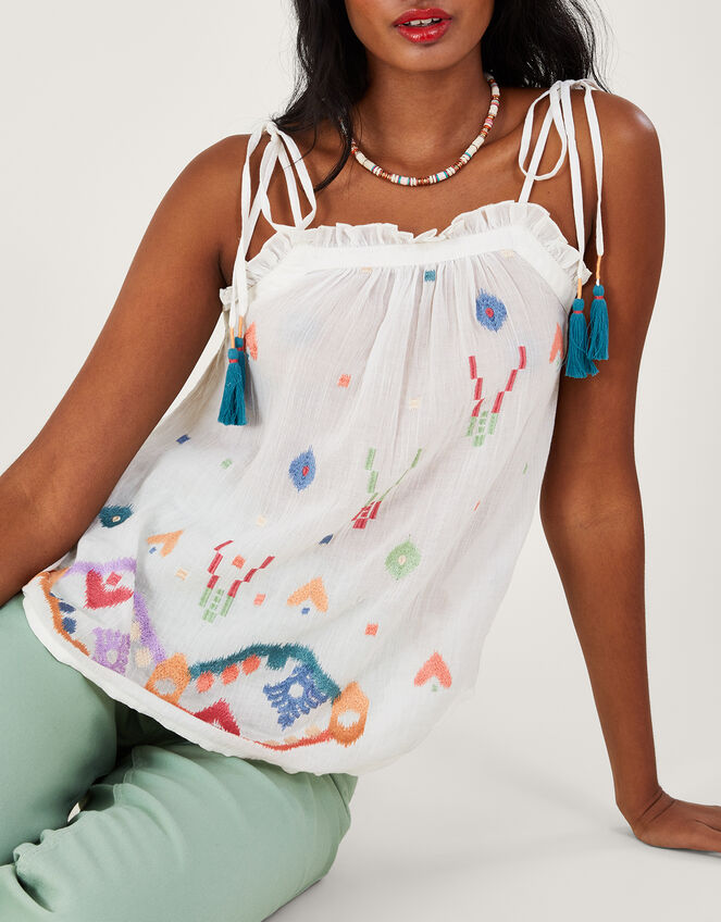 Geometric Embroidered Cami Top, White (WHITE), large