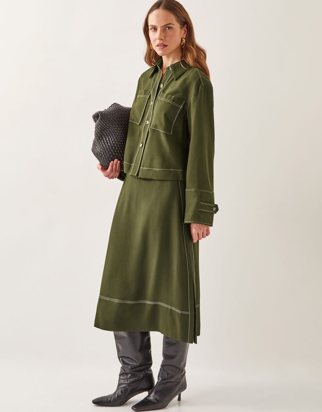 Katya Tie Waist Midi Skirt, Green (KHAKI), large