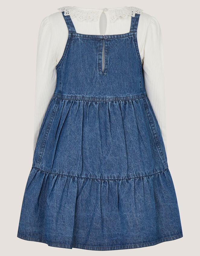 Long Sleeve Top & Denim Pinafore Dress Set , Blue (BLUE), large