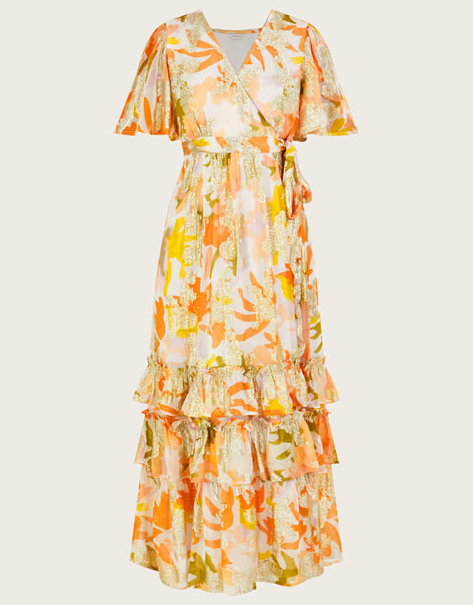 Willow Metallic Print Ruffle Wrap Dress, Ivory (IVORY), large
